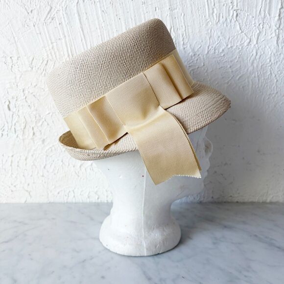 Genuine Panama Straw Hat Cloche Wide Brim Cream Grosgrain Ribbon Bow Vintage main image 4